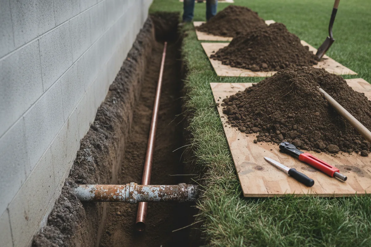 Excavated water line trench during Sewer Line Repair in Barstow